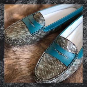 Tods Turquoise Leather/Lizard Driving Mocs